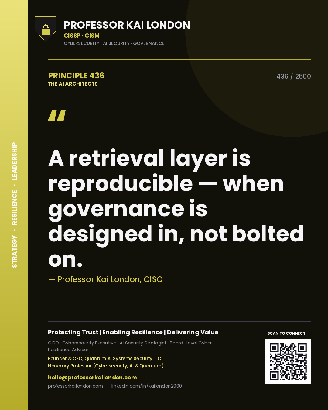 Quote card by Professor Kai London reading 'A retrieval layer is reproducible — when governance is designed in, not bolted on.'. From the book The AI Architects.