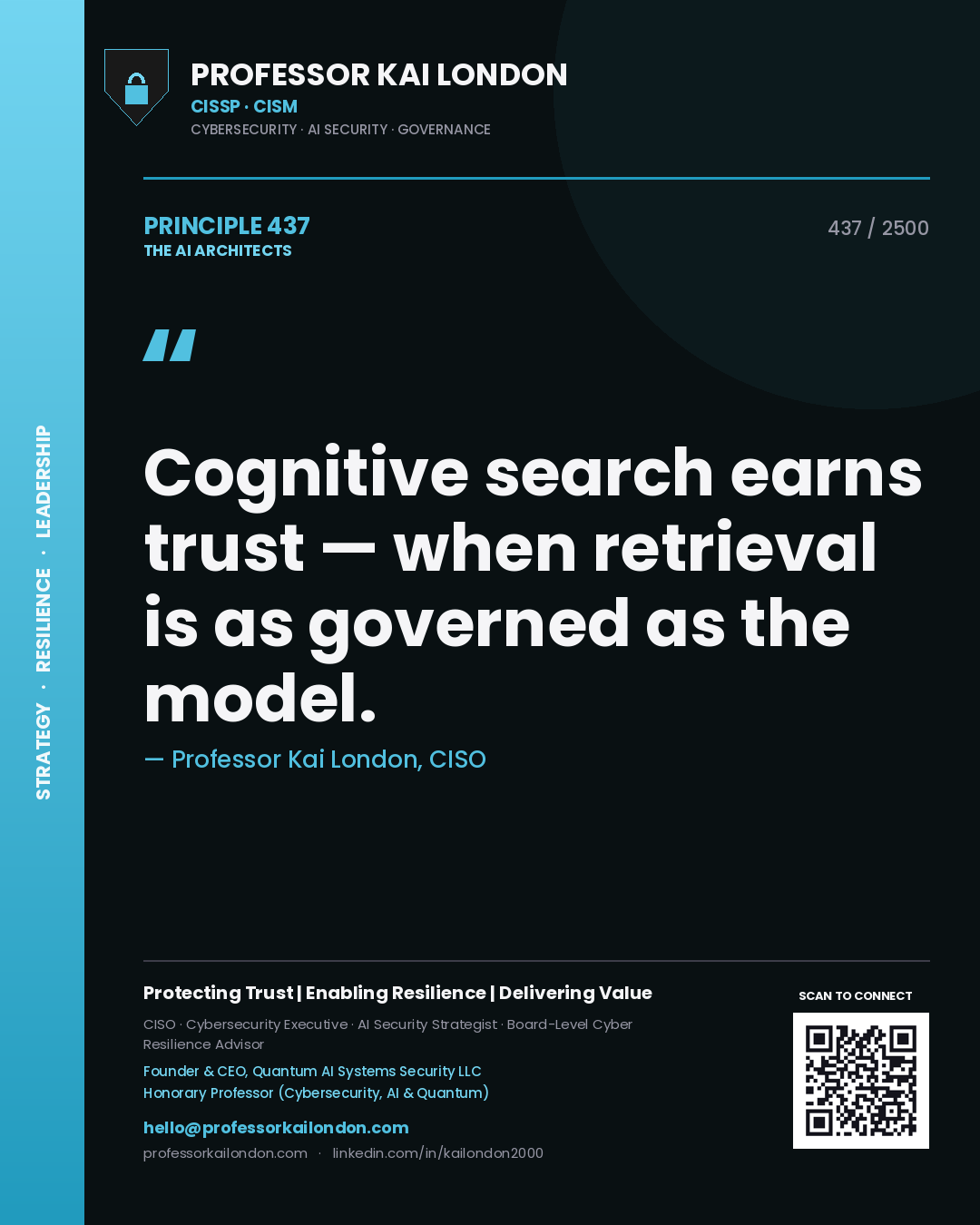 Quote card by Professor Kai London reading 'Cognitive search earns trust — when retrieval is as governed as the model.'. From the book The AI Architects.