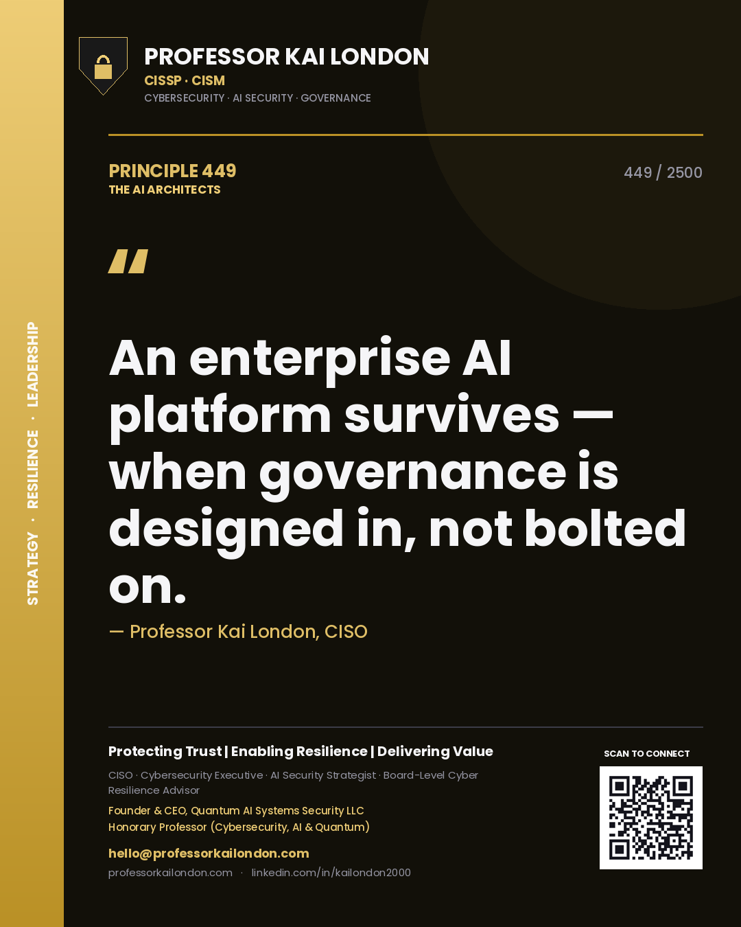 Quote card by Professor Kai London reading 'An enterprise AI platform survives — when governance is designed in, not bolted on.'. From the book The AI Architects.
