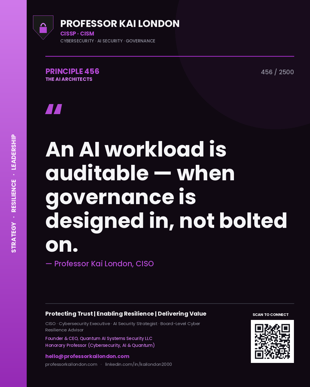 Quote card by Professor Kai London reading 'An AI workload is auditable — when governance is designed in, not bolted on.'. From the book The AI Architects.