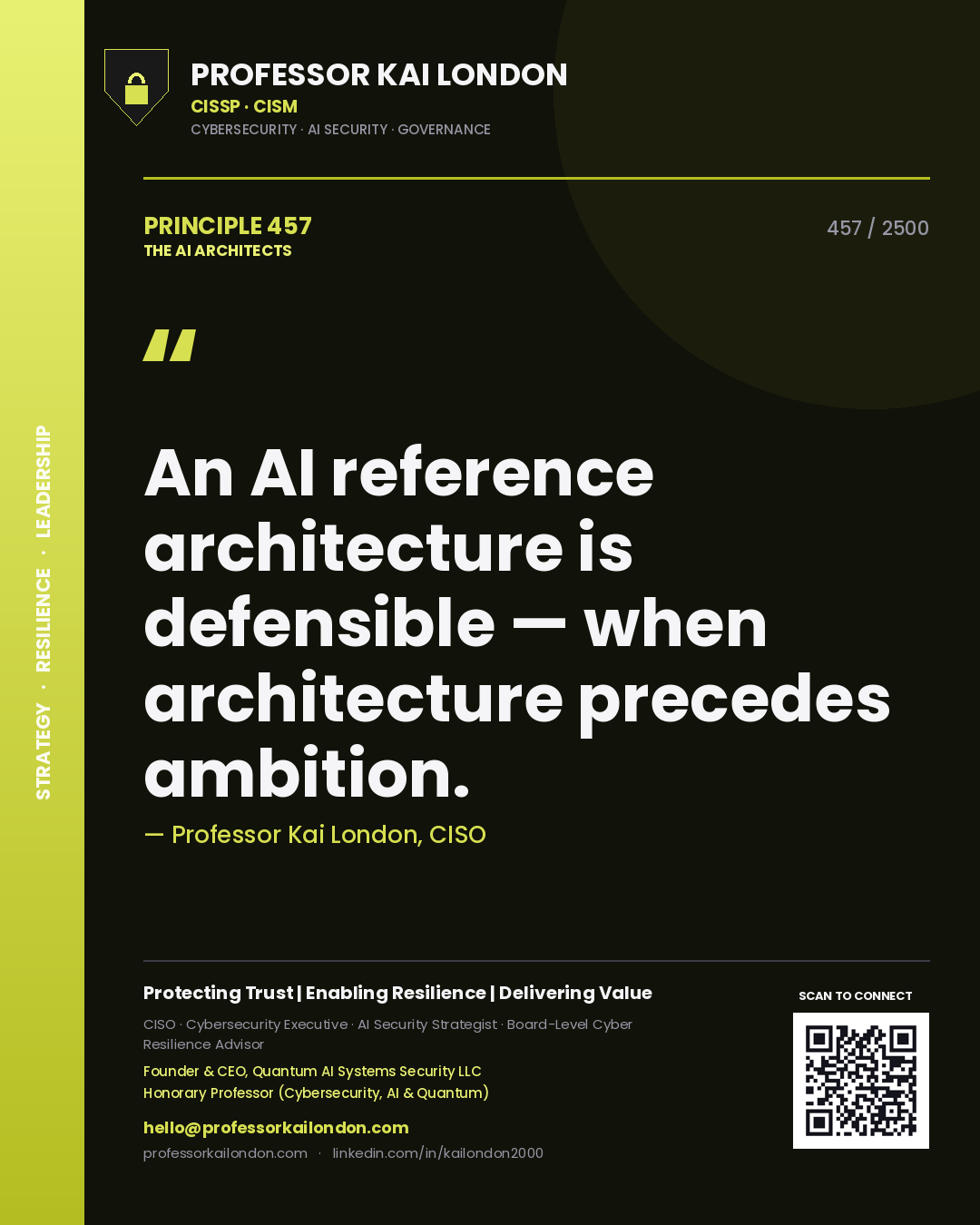 Quote card by Professor Kai London reading 'An AI reference architecture is defensible — when architecture precedes ambition.'. From the book The AI Architects.