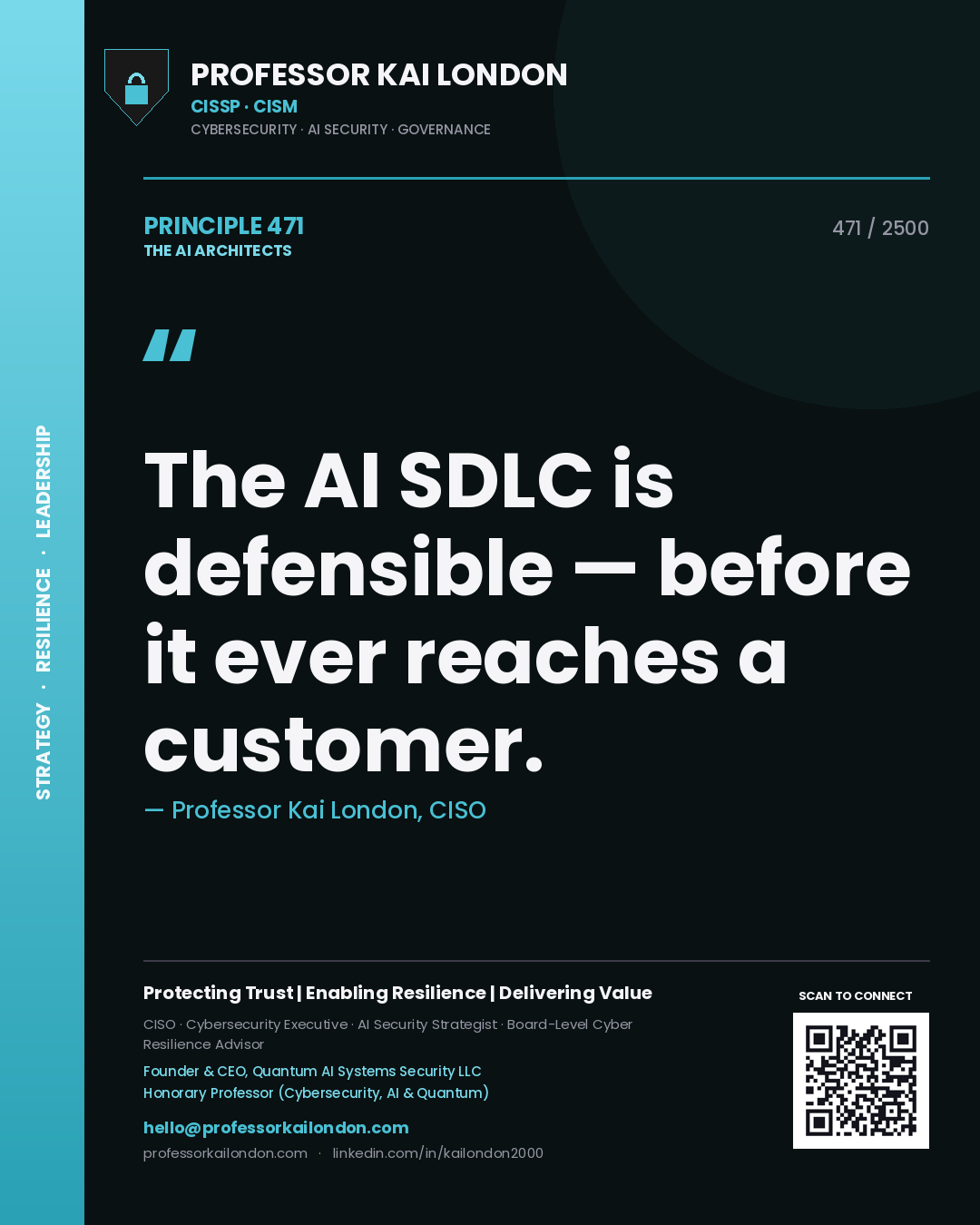 Quote card by Professor Kai London reading 'The AI SDLC is defensible — before it ever reaches a customer.'. From the book The AI Architects.
