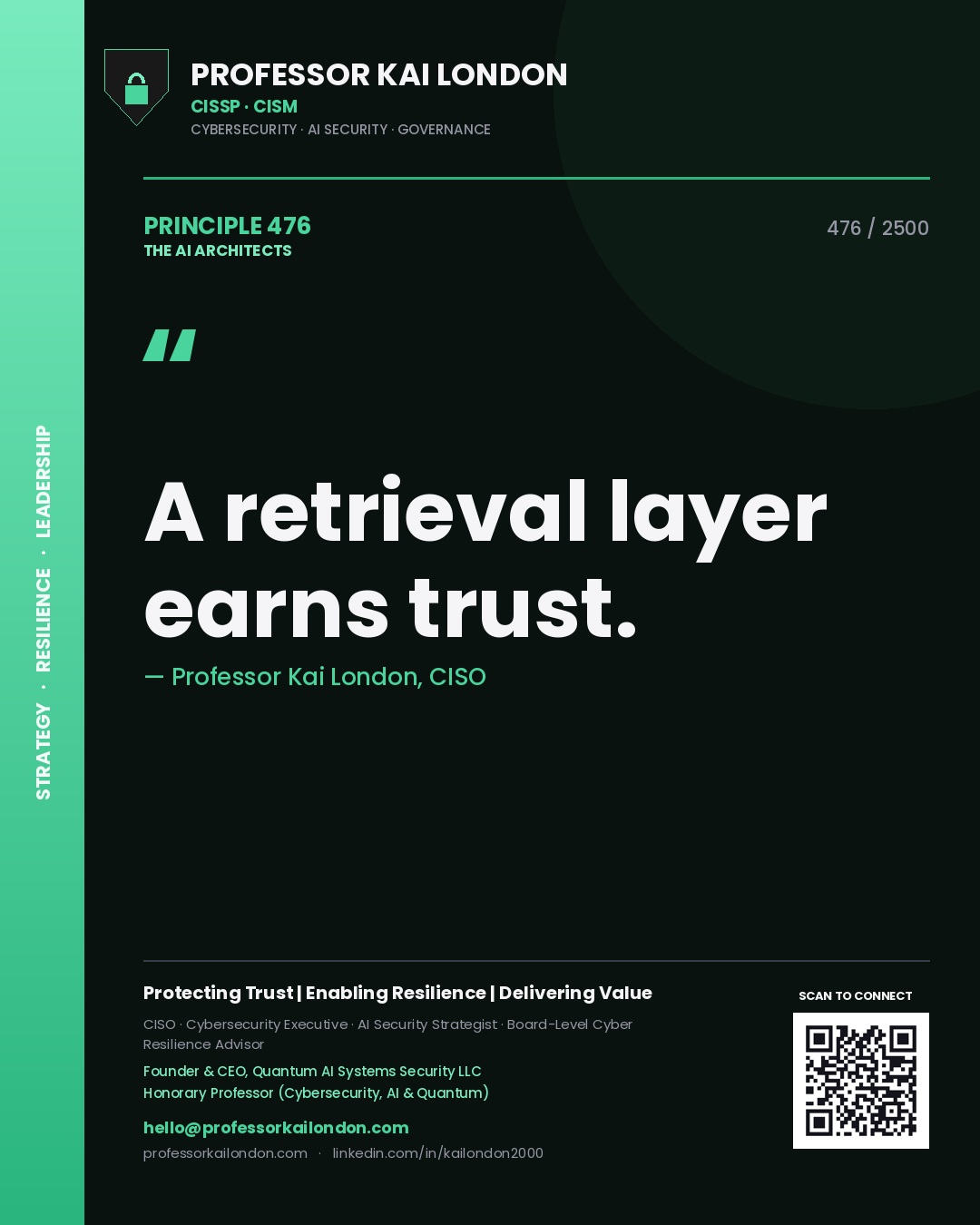 Quote card by Professor Kai London reading 'A retrieval layer earns trust.'. From the book The AI Architects.
