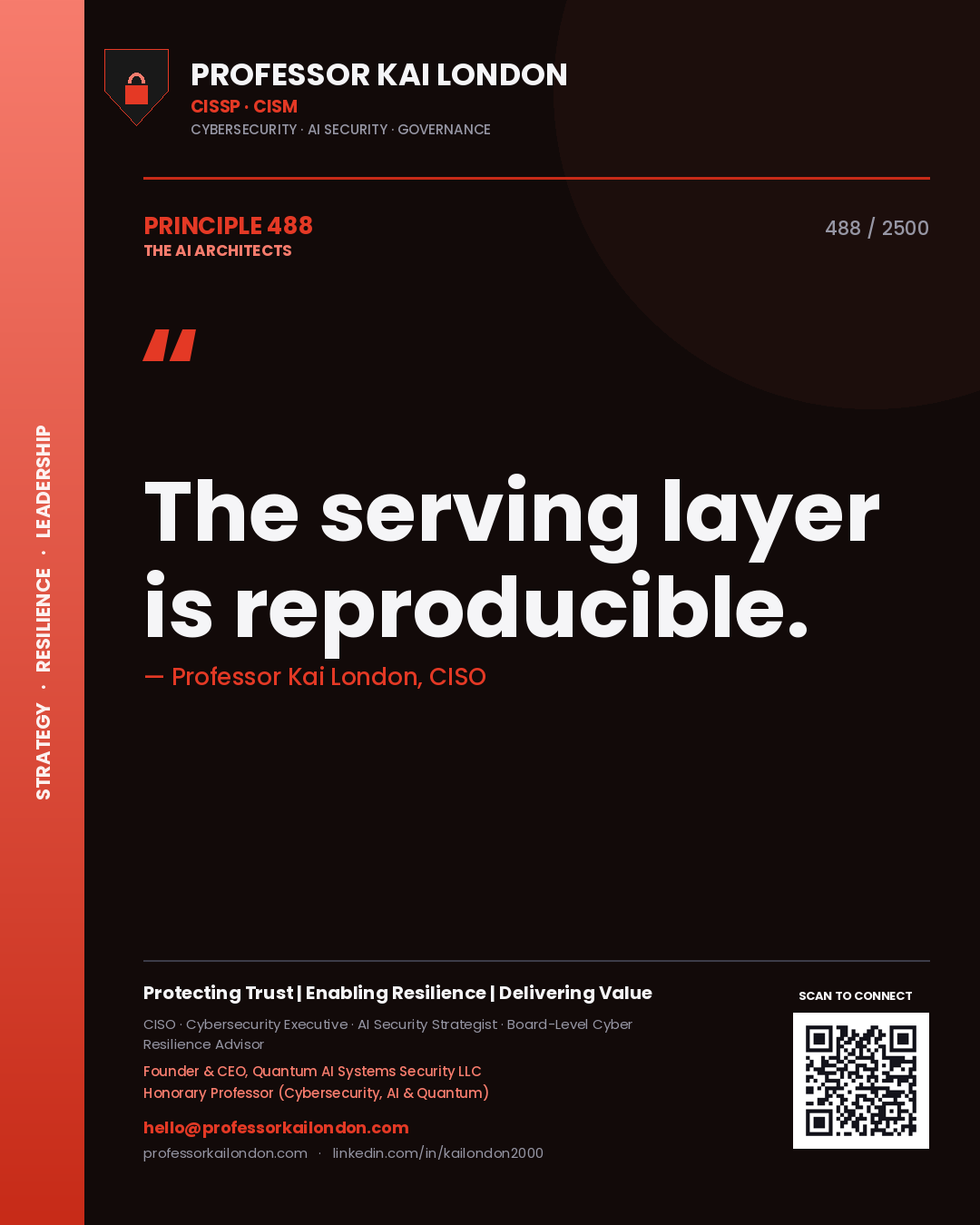 Quote card by Professor Kai London reading 'The serving layer is reproducible.'. From the book The AI Architects.