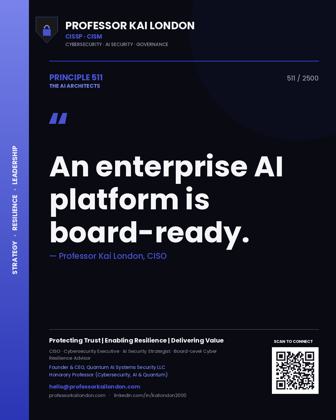 Quote card by Professor Kai London reading 'An enterprise AI platform is board-ready.'. From the book The AI Architects.
