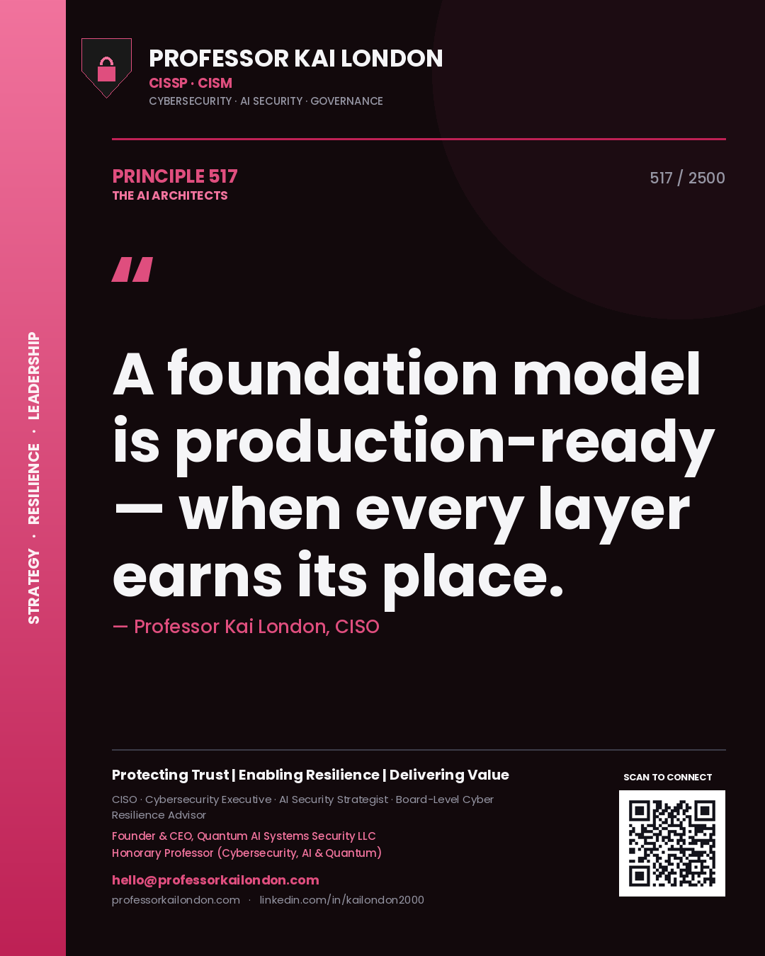 Quote card by Professor Kai London reading 'A foundation model is production-ready — when every layer earns its place.'. From the book The AI Architects.