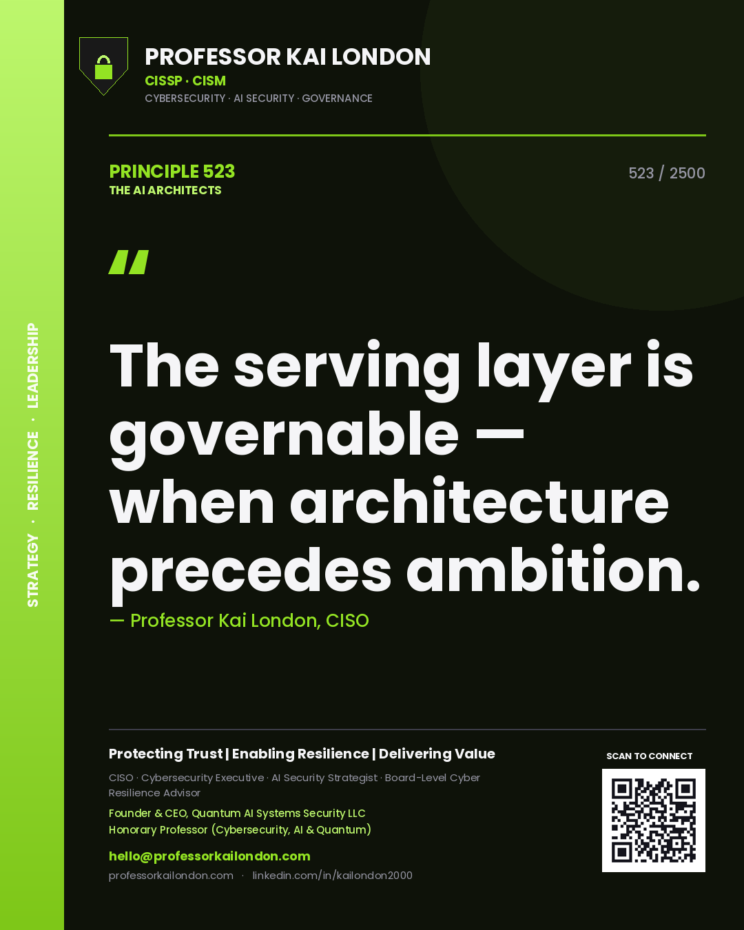 Quote card by Professor Kai London reading 'The serving layer is governable — when architecture precedes ambition.'. From the book The AI Architects.