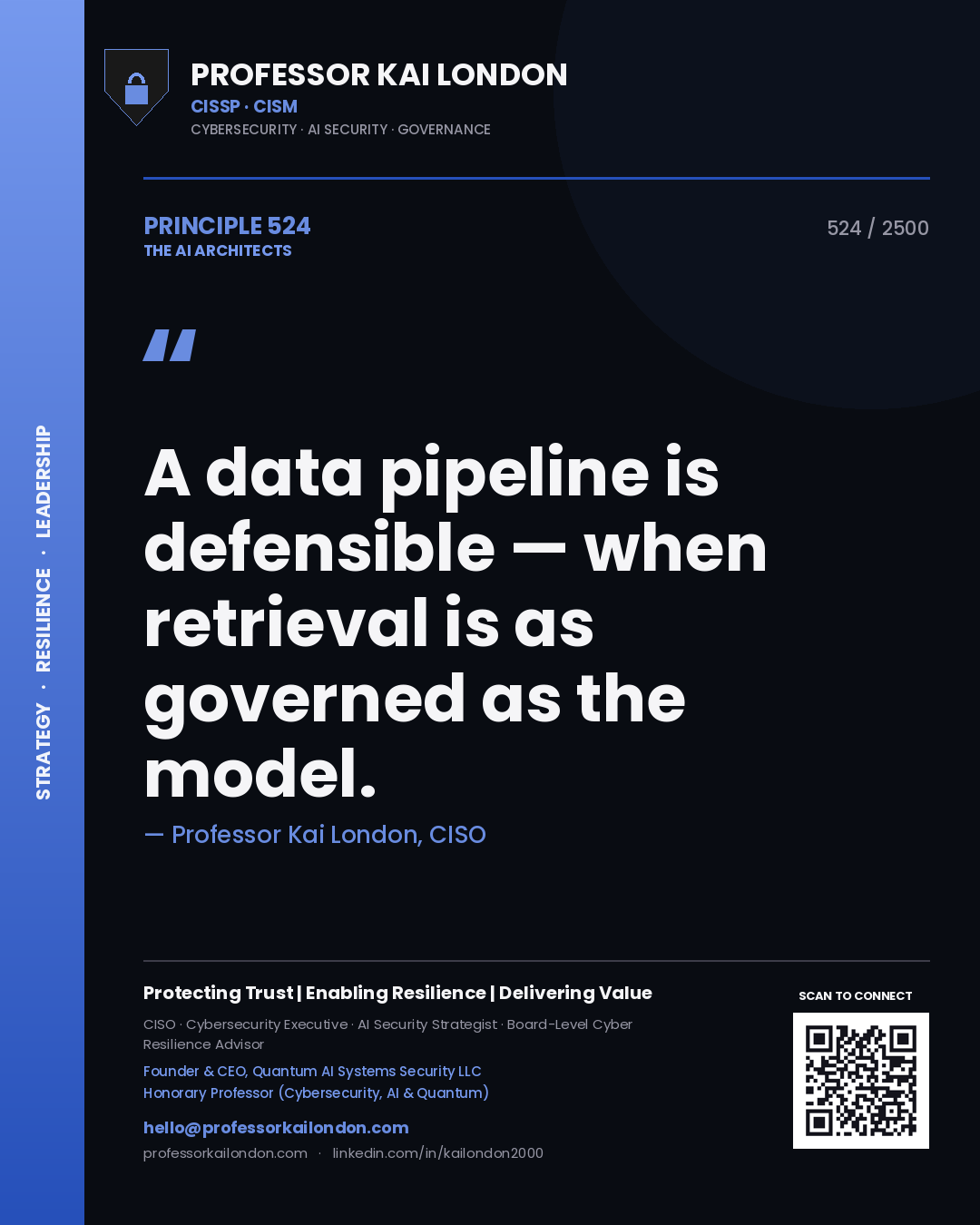Quote card by Professor Kai London reading 'A data pipeline is defensible — when retrieval is as governed as the model.'. From the book The AI Architects.