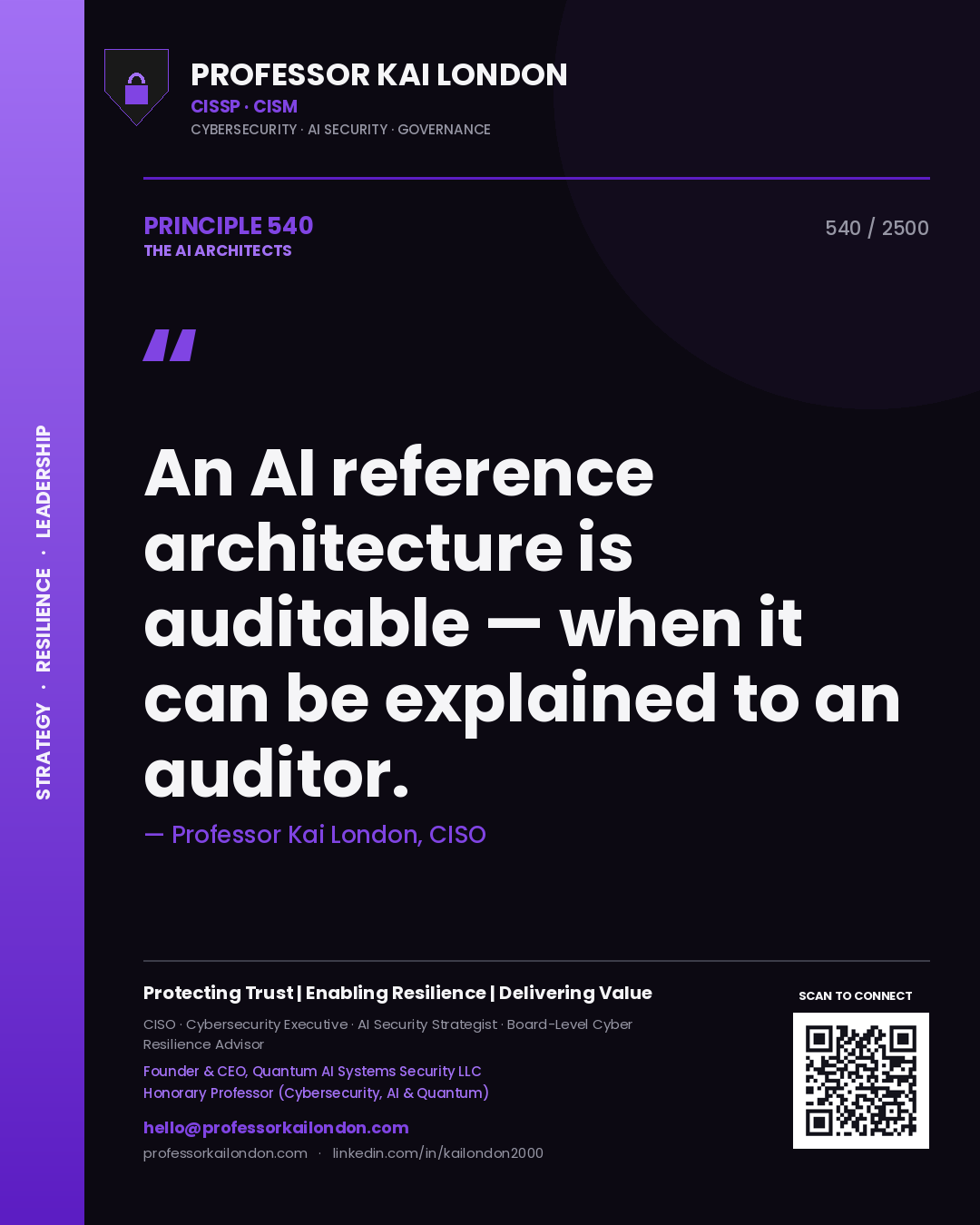 Quote card by Professor Kai London reading 'An AI reference architecture is auditable — when it can be explained to an auditor.'. From the book The AI Architects.