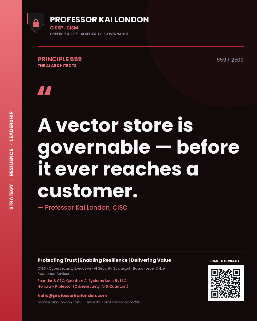 Quote card by Professor Kai London reading 'A vector store is governable — before it ever reaches a customer.'. From the book The AI Architects.