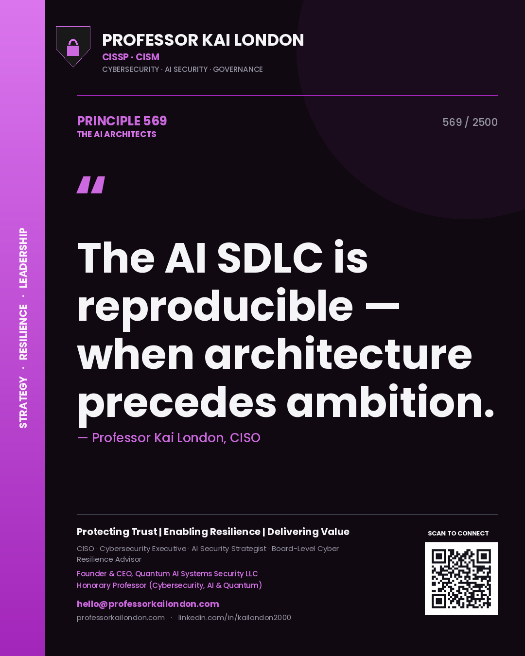 Quote card by Professor Kai London reading 'The AI SDLC is reproducible — when architecture precedes ambition.'. From the book The AI Architects.