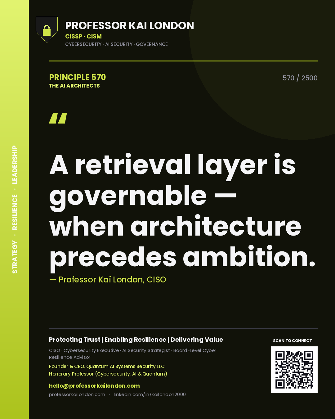 Quote card by Professor Kai London reading 'A retrieval layer is governable — when architecture precedes ambition.'. From the book The AI Architects.