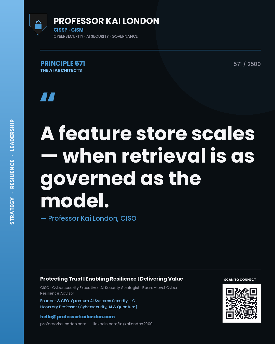 Quote card by Professor Kai London reading 'A feature store scales — when retrieval is as governed as the model.'. From the book The AI Architects.