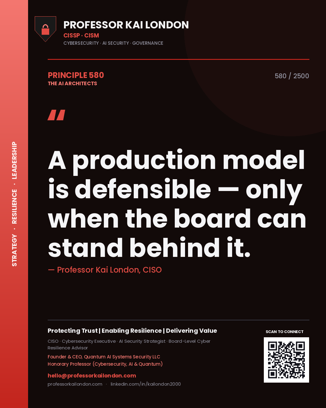 Quote card by Professor Kai London reading 'A production model is defensible — only when the board can stand behind it.'. From the book The AI Architects.
