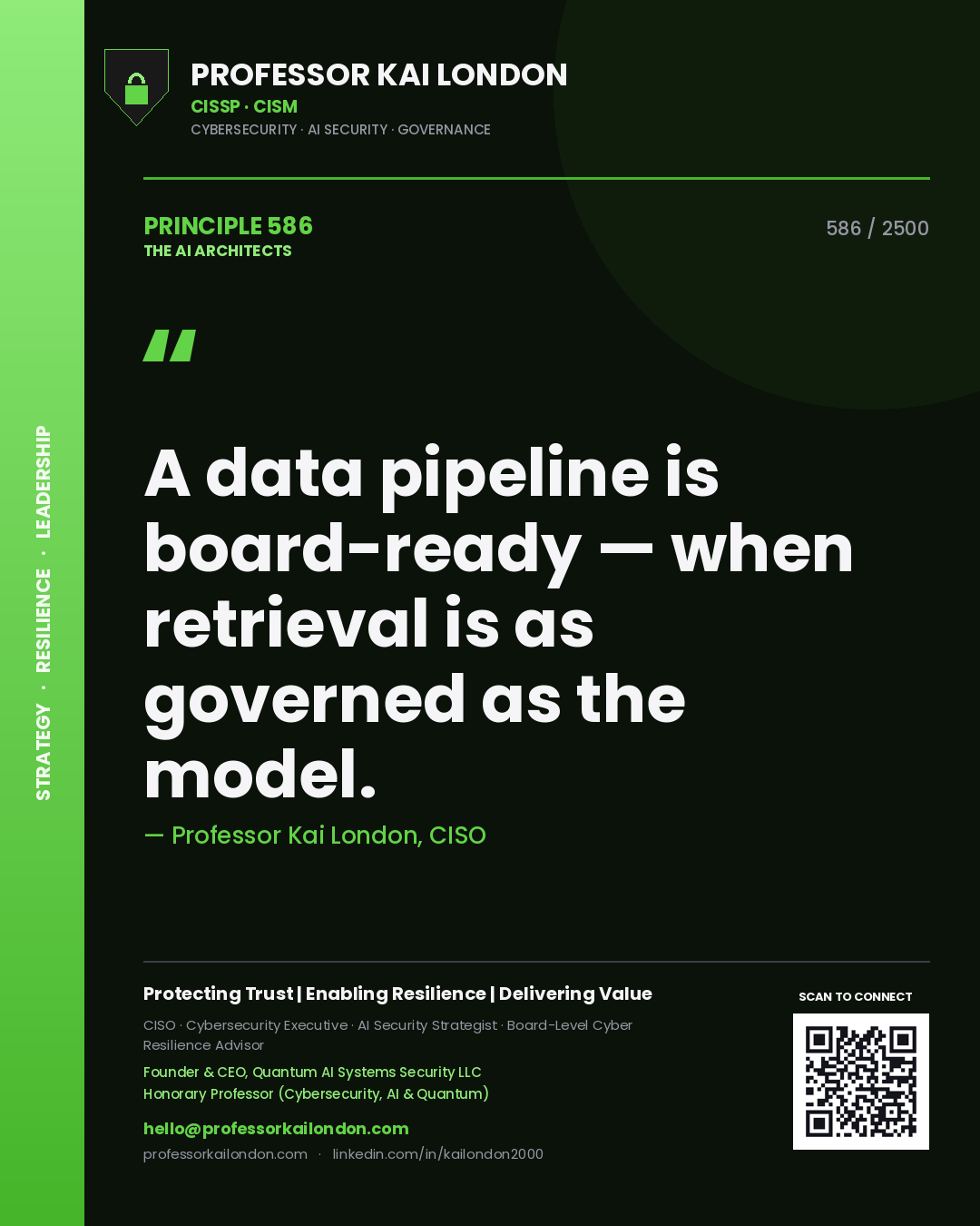 Quote card by Professor Kai London reading 'A data pipeline is board-ready — when retrieval is as governed as the model.'. From the book The AI Architects.