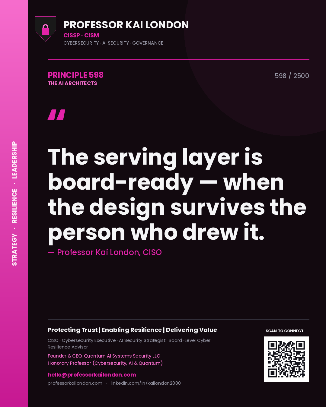 Professor Kai London principle 598: The serving layer is board-ready — when the design survives the person who drew it.