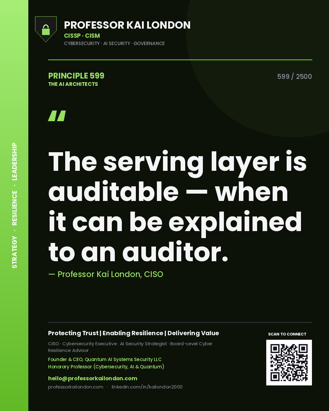 Quote card by Professor Kai London reading 'The serving layer is auditable — when it can be explained to an auditor.'. From the book The AI Architects.