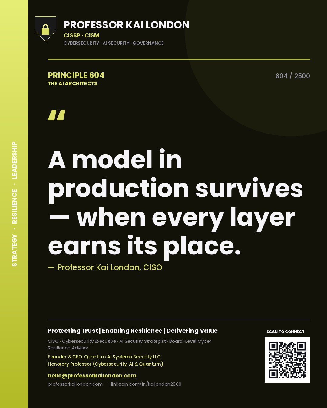 Quote card by Professor Kai London reading 'A model in production survives — when every layer earns its place.'. From the book The AI Architects.