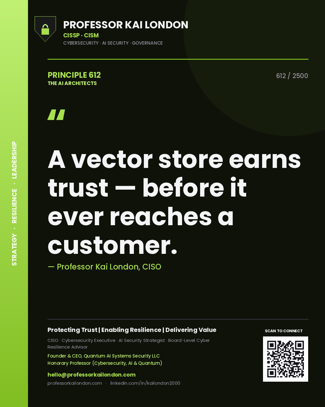 Quote card by Professor Kai London reading 'A vector store earns trust — before it ever reaches a customer.'. From the book The AI Architects.