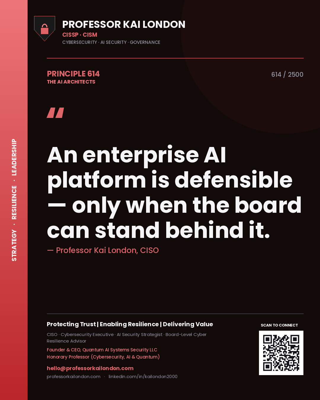 Quote card by Professor Kai London reading 'An enterprise AI platform is defensible — only when the board can stand behind it.'. From the book The AI Architects.