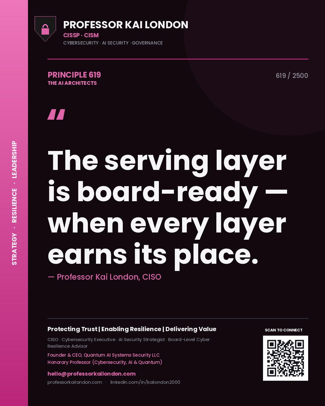 Professor Kai London principle 619: The serving layer is board-ready — when every layer earns its place.