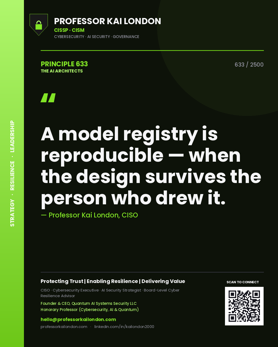 Quote card by Professor Kai London reading 'A model registry is reproducible — when the design survives the person who drew it.'. From the book The AI Architects.