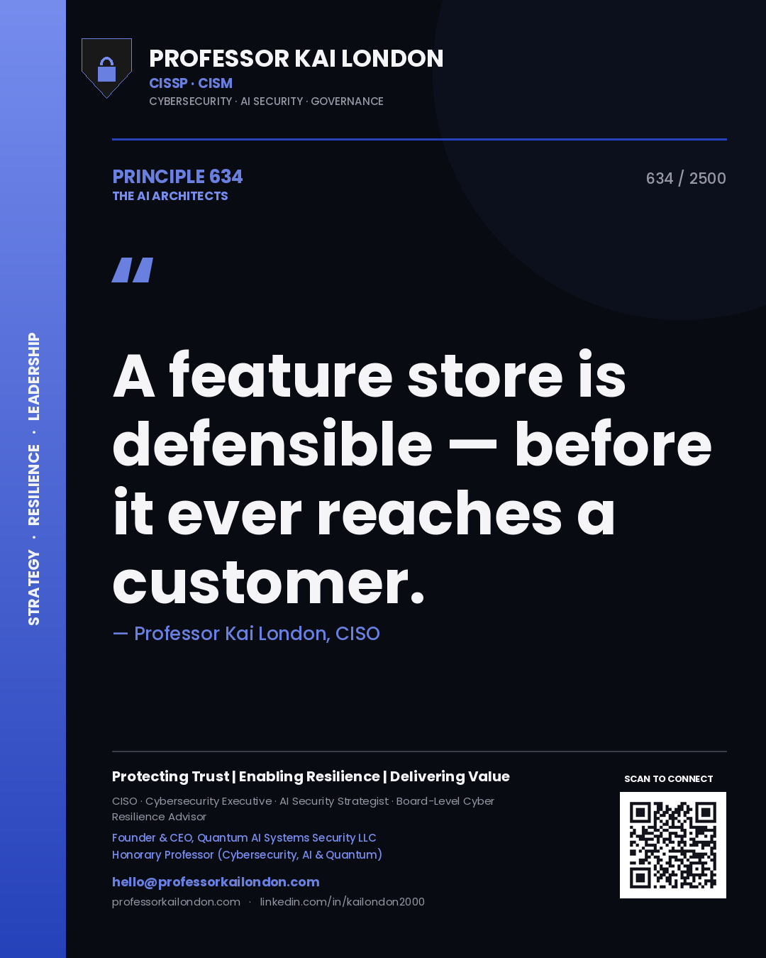 Professor Kai London principle 634: A feature store is defensible — before it ever reaches a customer.