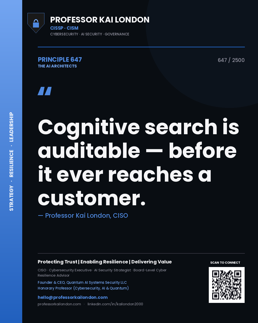 Quote card by Professor Kai London reading 'Cognitive search is auditable — before it ever reaches a customer.'. From the book The AI Architects.
