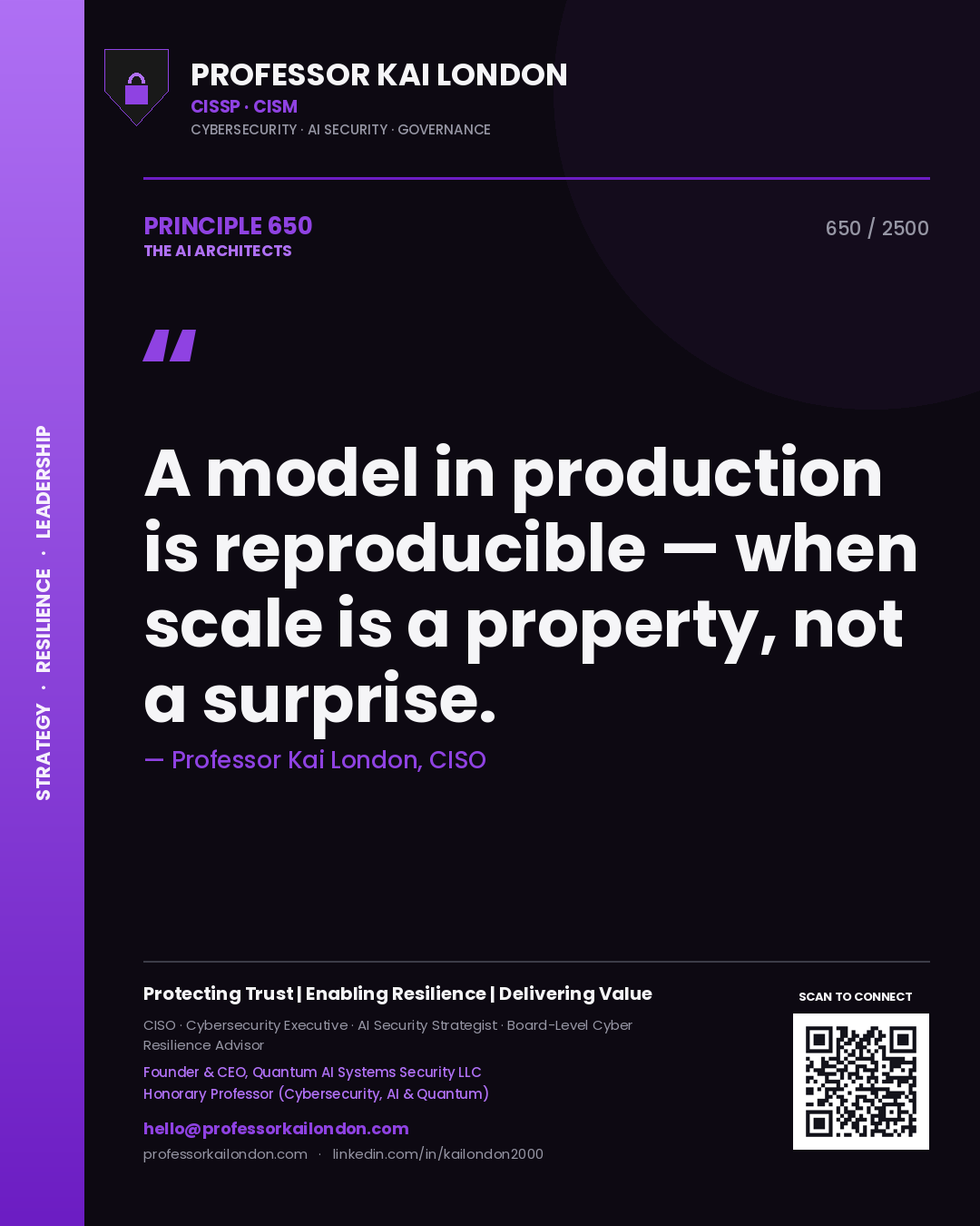 Professor Kai London principle 650: A model in production is reproducible — when scale is a property, not a surprise.