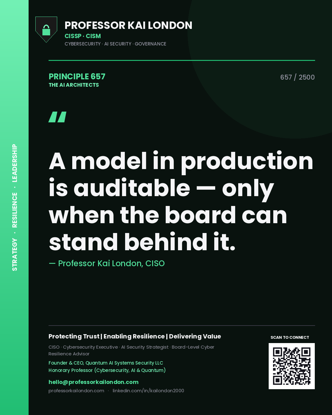 Quote card by Professor Kai London reading 'A model in production is auditable — only when the board can stand behind it.'. From the book The AI Architects.