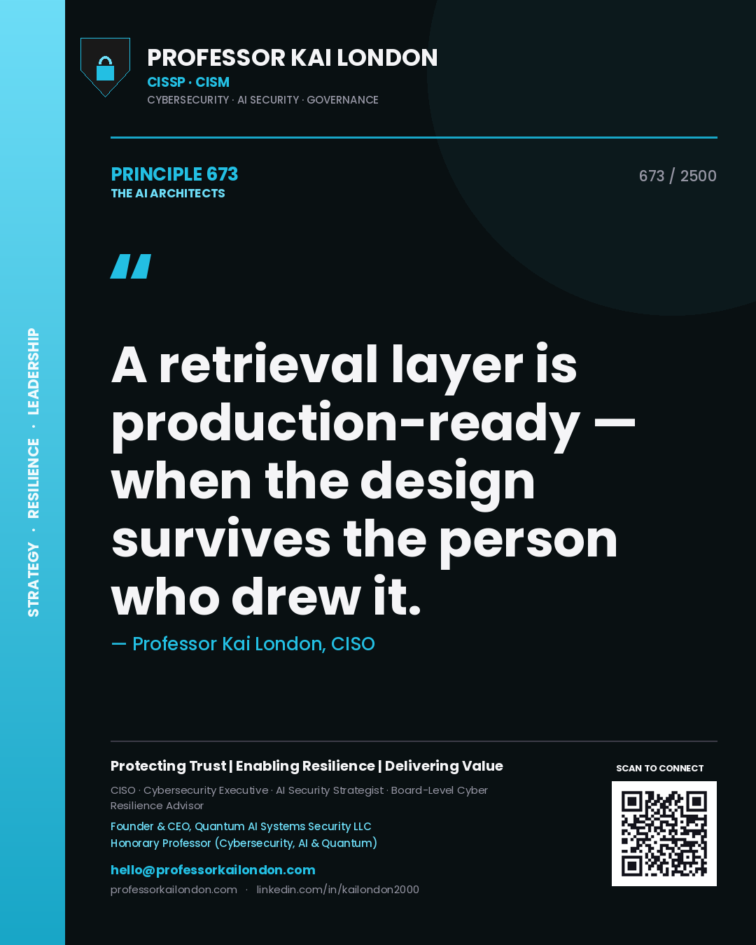 Quote card by Professor Kai London reading 'A retrieval layer is production-ready — when the design survives the person who drew it.'. From the book The AI Architects.