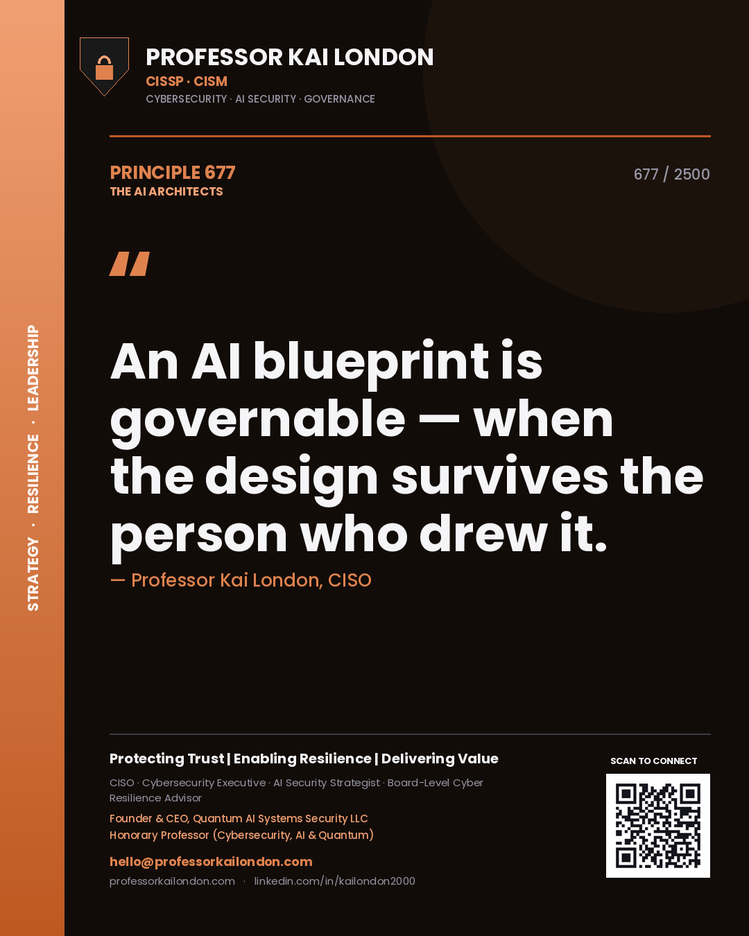 Quote card by Professor Kai London reading 'An AI blueprint is governable — when the design survives the person who drew it.'. From the book The AI Architects.