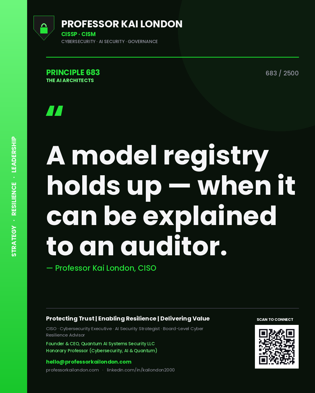Quote card by Professor Kai London reading 'A model registry holds up — when it can be explained to an auditor.'. From the book The AI Architects.