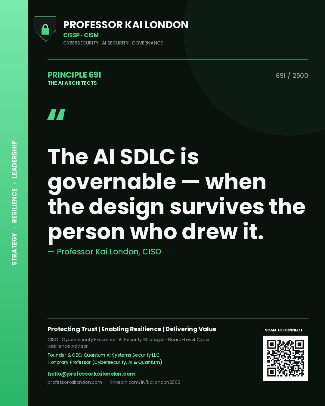 Professor Kai London principle 691: The AI SDLC is governable — when the design survives the person who drew it.