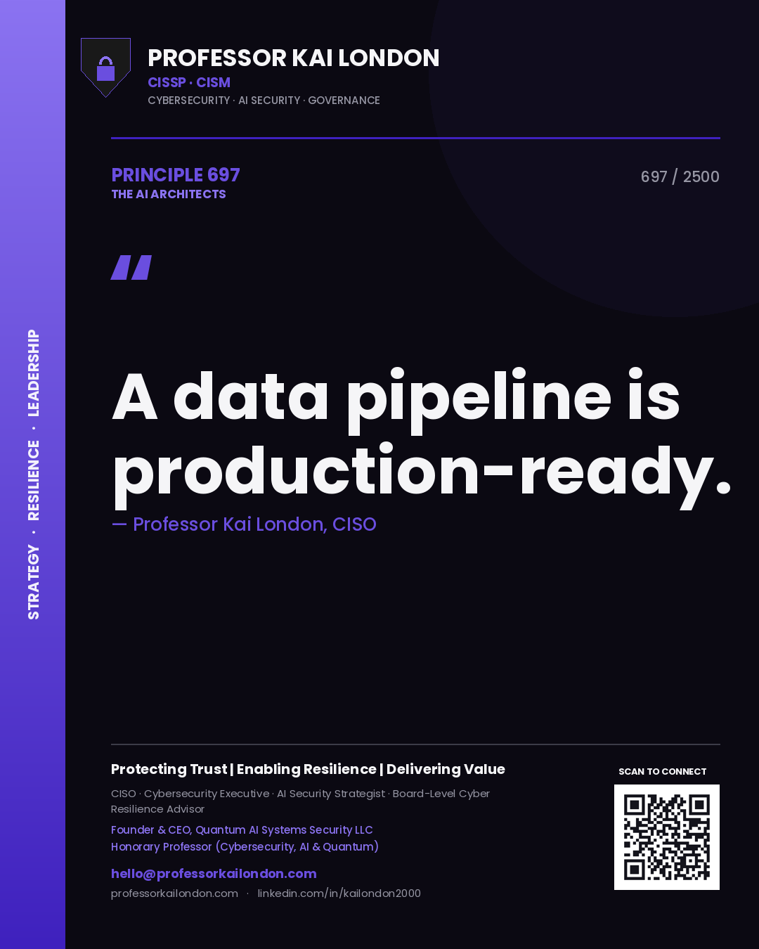 Quote card by Professor Kai London reading 'A data pipeline is production-ready.'. From the book The AI Architects.