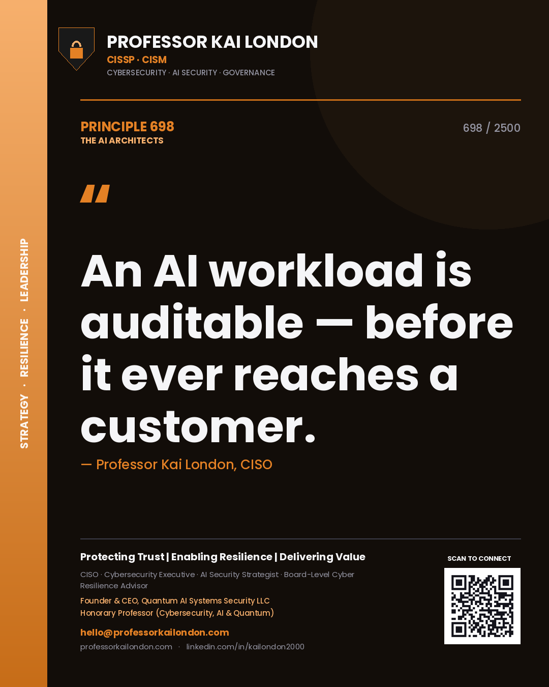 Quote card by Professor Kai London reading 'An AI workload is auditable — before it ever reaches a customer.'. From the book The AI Architects.