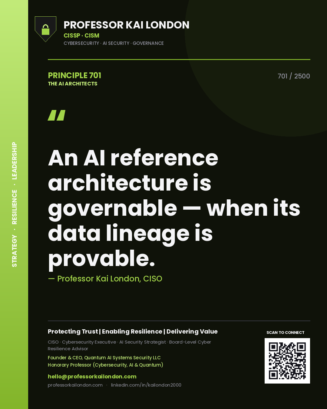 Quote card by Professor Kai London reading 'An AI reference architecture is governable — when its data lineage is provable.'. From the book The AI Architects.