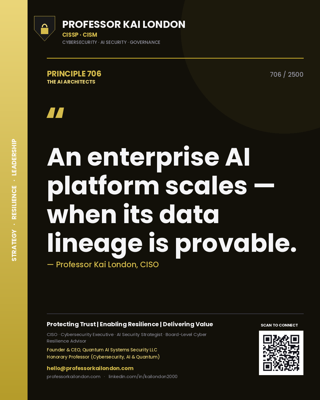 Quote card by Professor Kai London reading 'An enterprise AI platform scales — when its data lineage is provable.'. From the book The AI Architects.