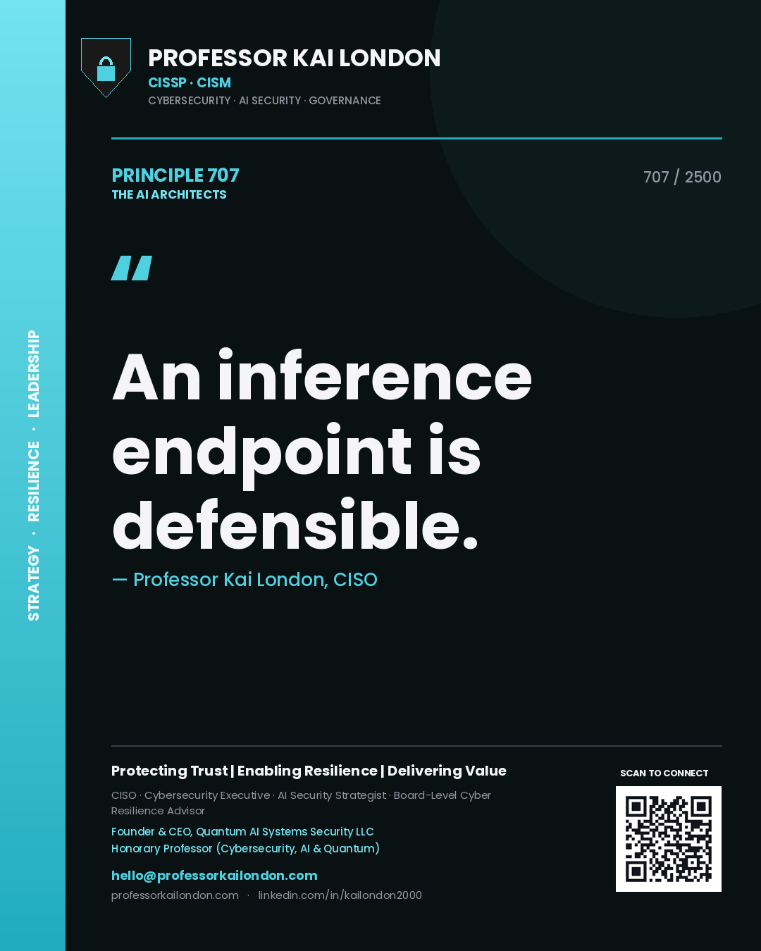 Quote card by Professor Kai London reading 'An inference endpoint is defensible.'. From the book The AI Architects.