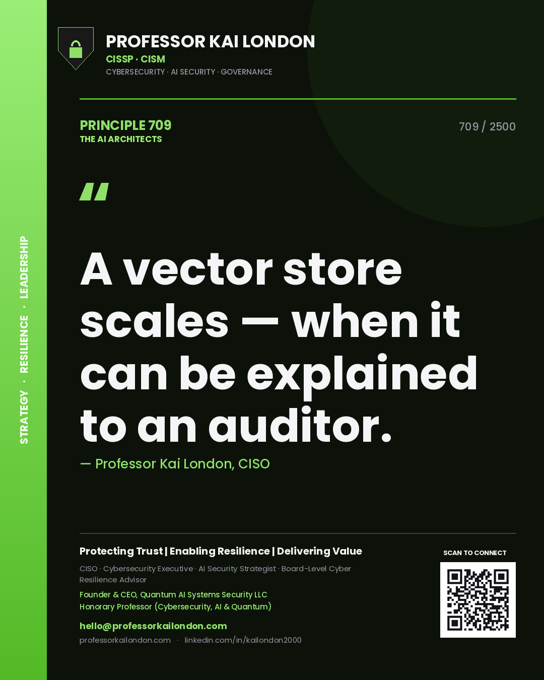 Quote card by Professor Kai London reading 'A vector store scales — when it can be explained to an auditor.'. From the book The AI Architects.