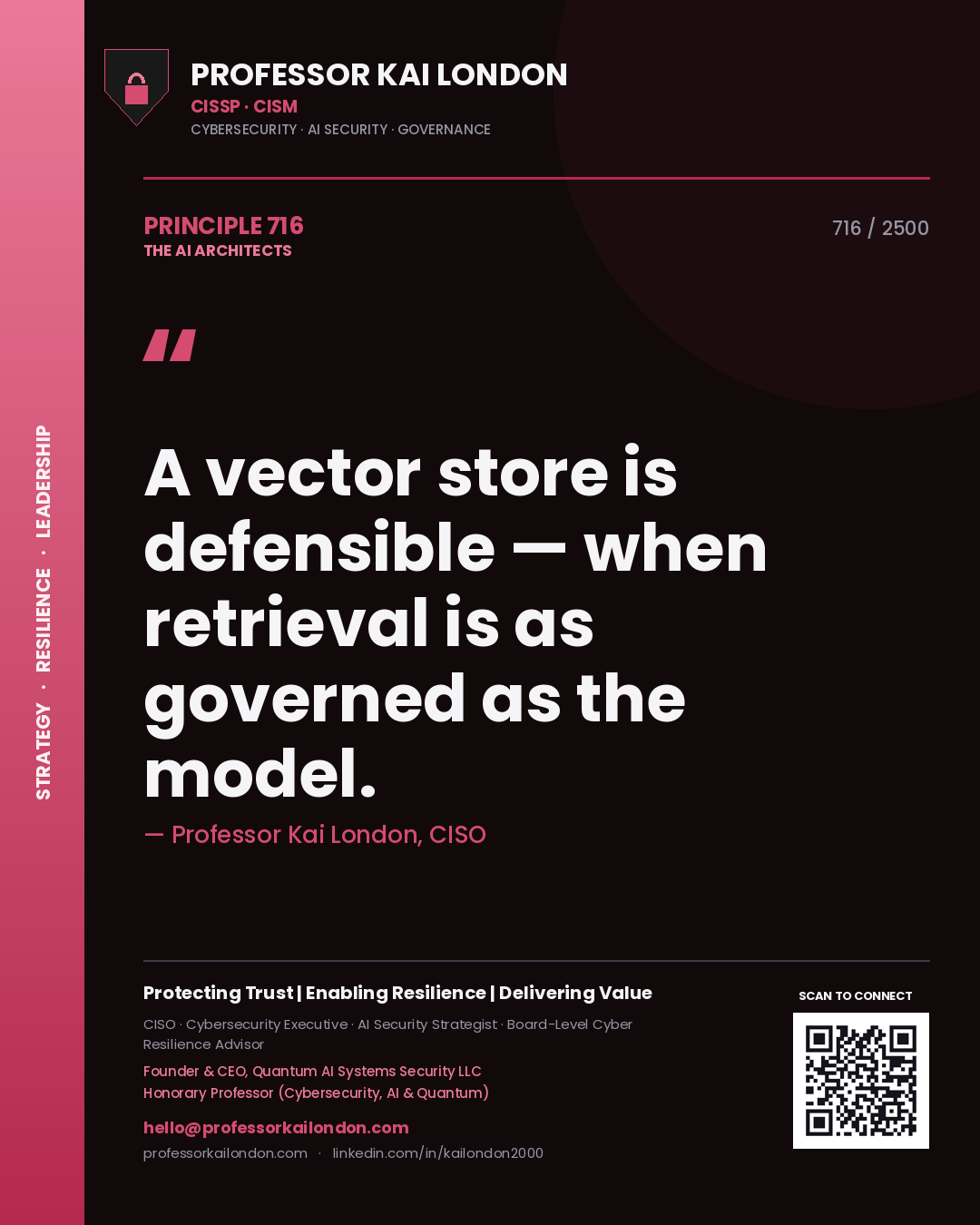 Quote card by Professor Kai London reading 'A vector store is defensible — when retrieval is as governed as the model.'. From the book The AI Architects.