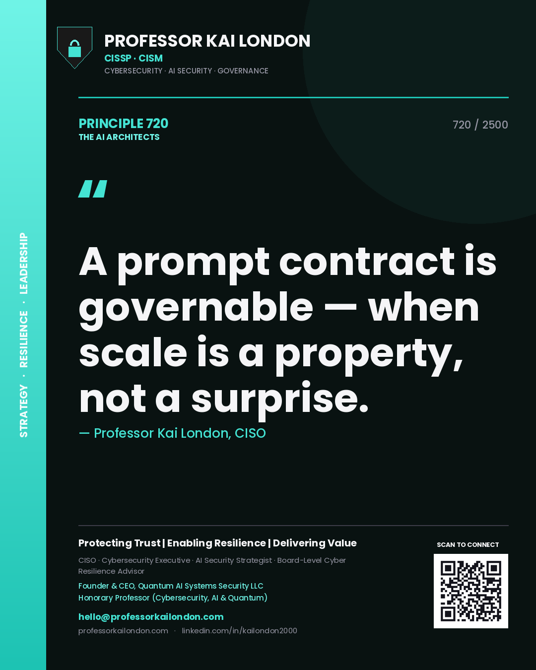 Quote card by Professor Kai London reading 'A prompt contract is governable — when scale is a property, not a surprise.'. From the book The AI Architects.
