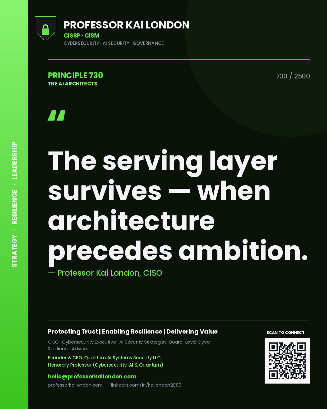 Professor Kai London principle 730: The serving layer survives — when architecture precedes ambition.