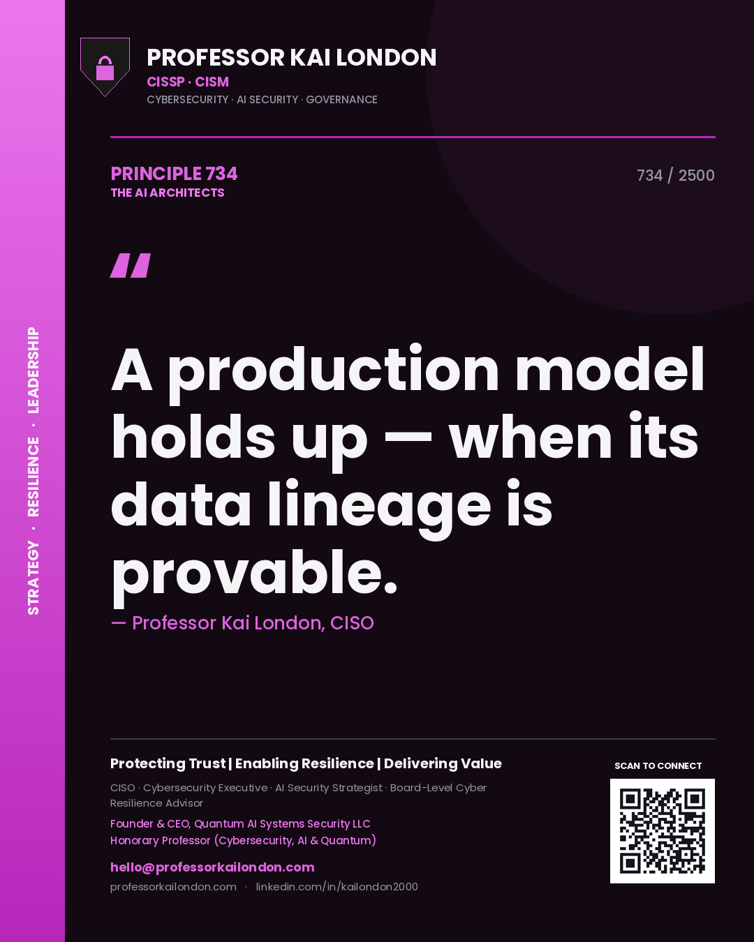 Quote card by Professor Kai London reading 'A production model holds up — when its data lineage is provable.'. From the book The AI Architects.
