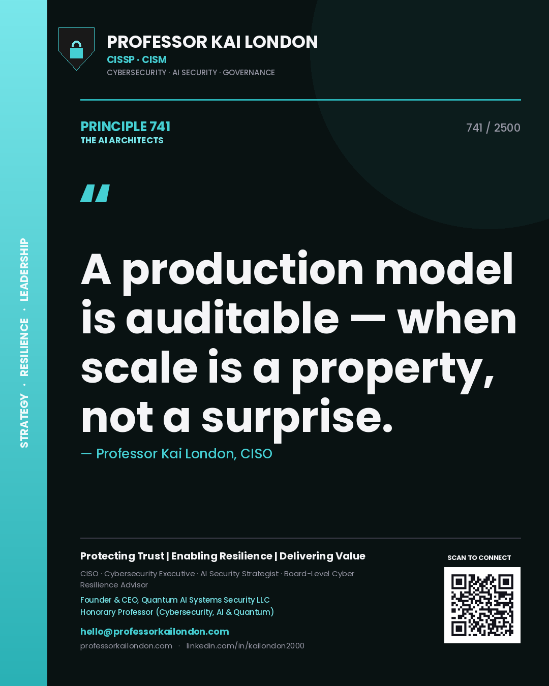 Quote card by Professor Kai London reading 'A production model is auditable — when scale is a property, not a surprise.'. From the book The AI Architects.
