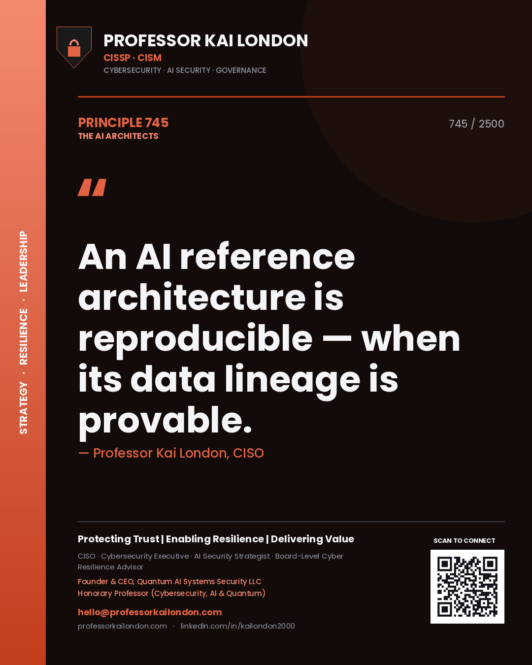 Quote card by Professor Kai London reading 'An AI reference architecture is reproducible — when its data lineage is provable.'. From the book The AI Architects.