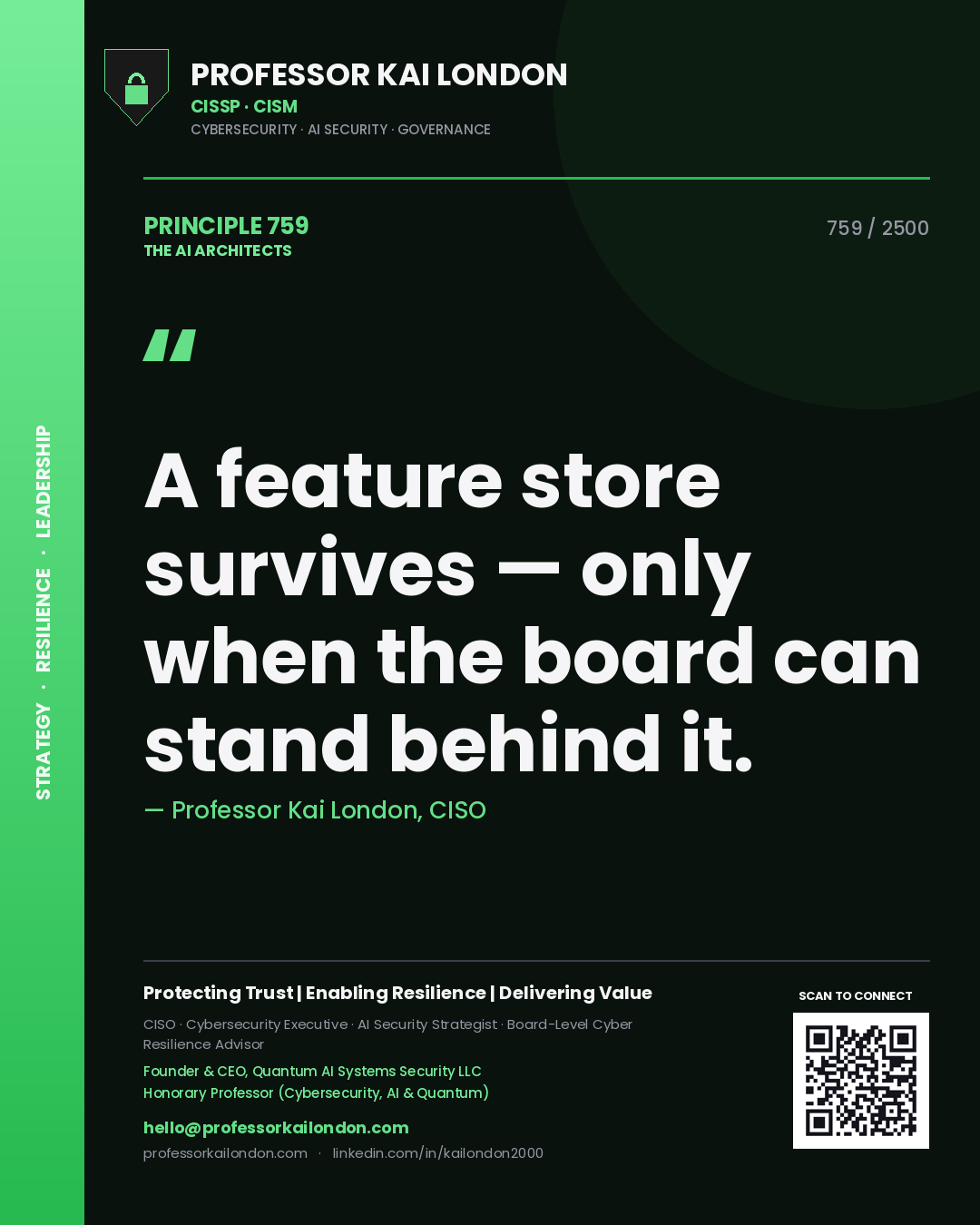 Quote card by Professor Kai London reading 'A feature store survives — only when the board can stand behind it.'. From the book The AI Architects.