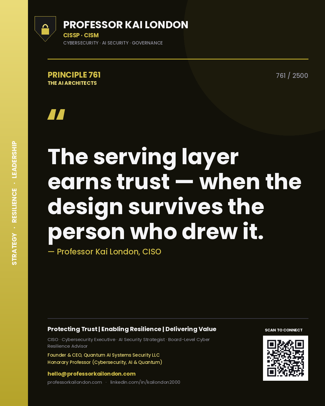 Quote card by Professor Kai London reading 'The serving layer earns trust — when the design survives the person who drew it.'. From the book The AI Architects.