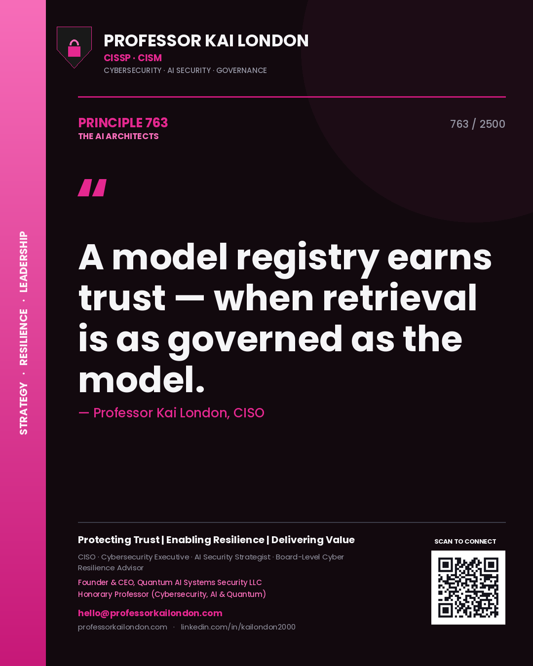 Quote card by Professor Kai London reading 'A model registry earns trust — when retrieval is as governed as the model.'. From the book The AI Architects.