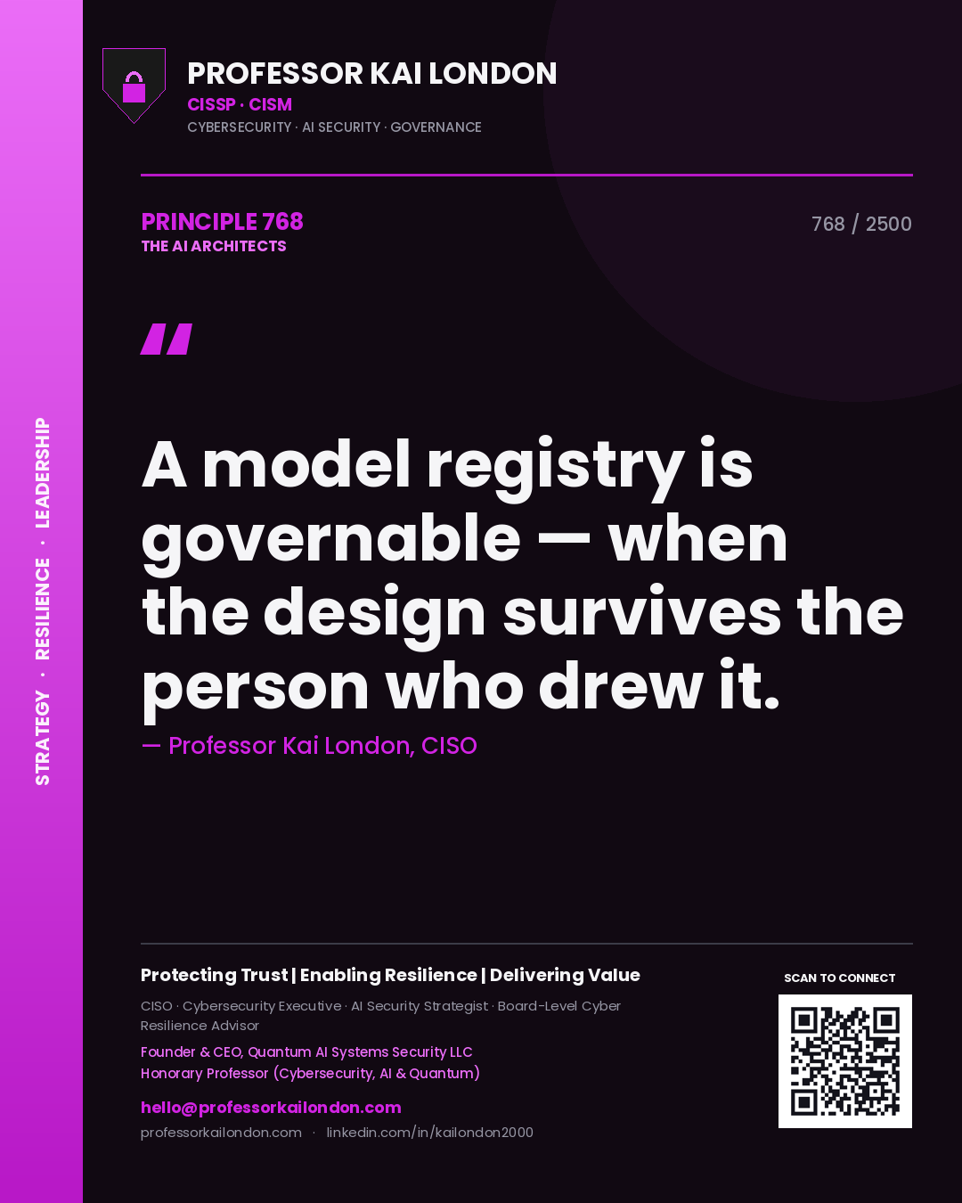 Quote card by Professor Kai London reading 'A model registry is governable — when the design survives the person who drew it.'. From the book The AI Architects.